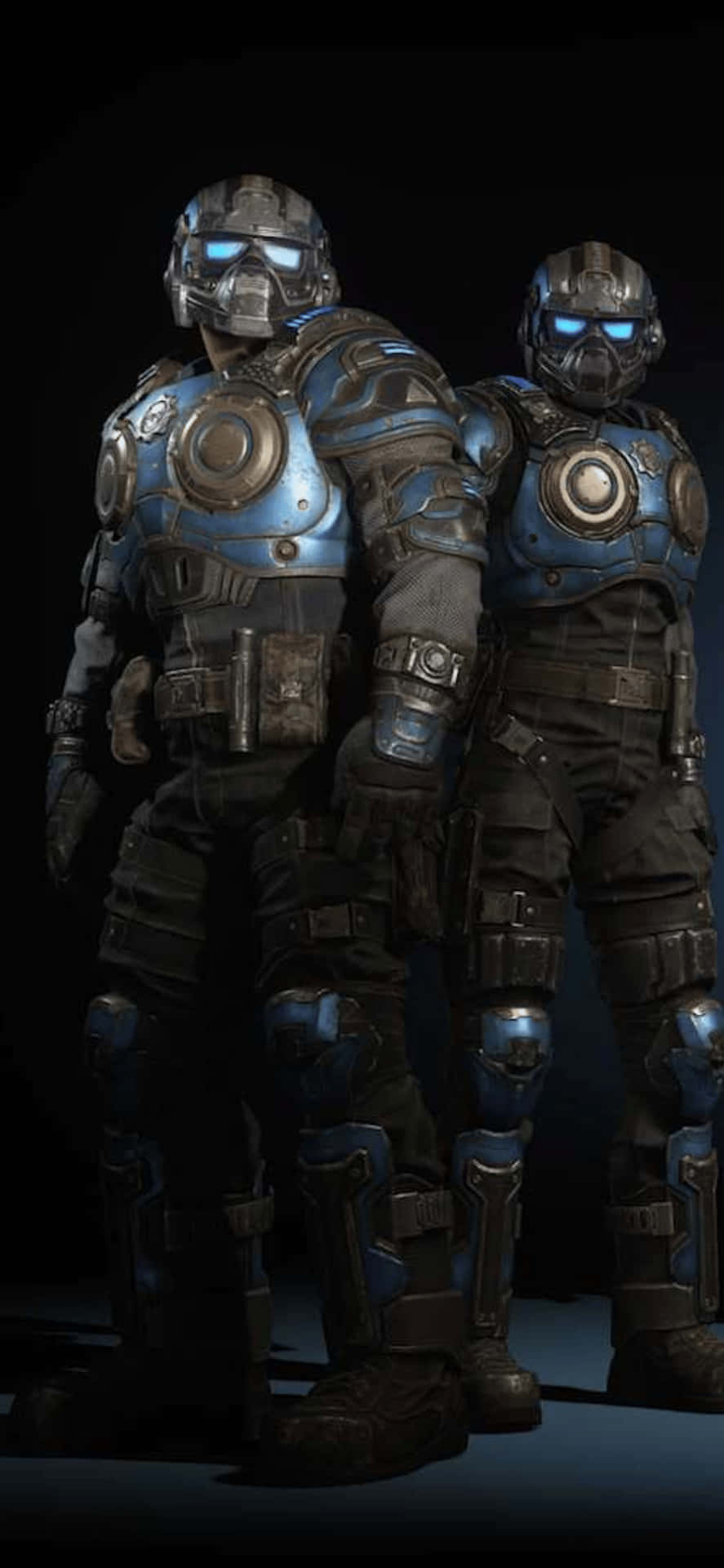 two men in blue gears of war suits standing next to each other