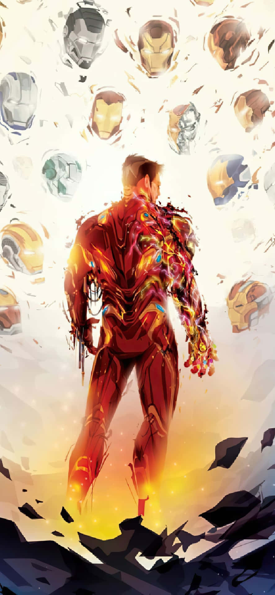 Fondode Pantalla De Iron Man Para Iphone X. Iron Man Rodeado De Varios Cascos.