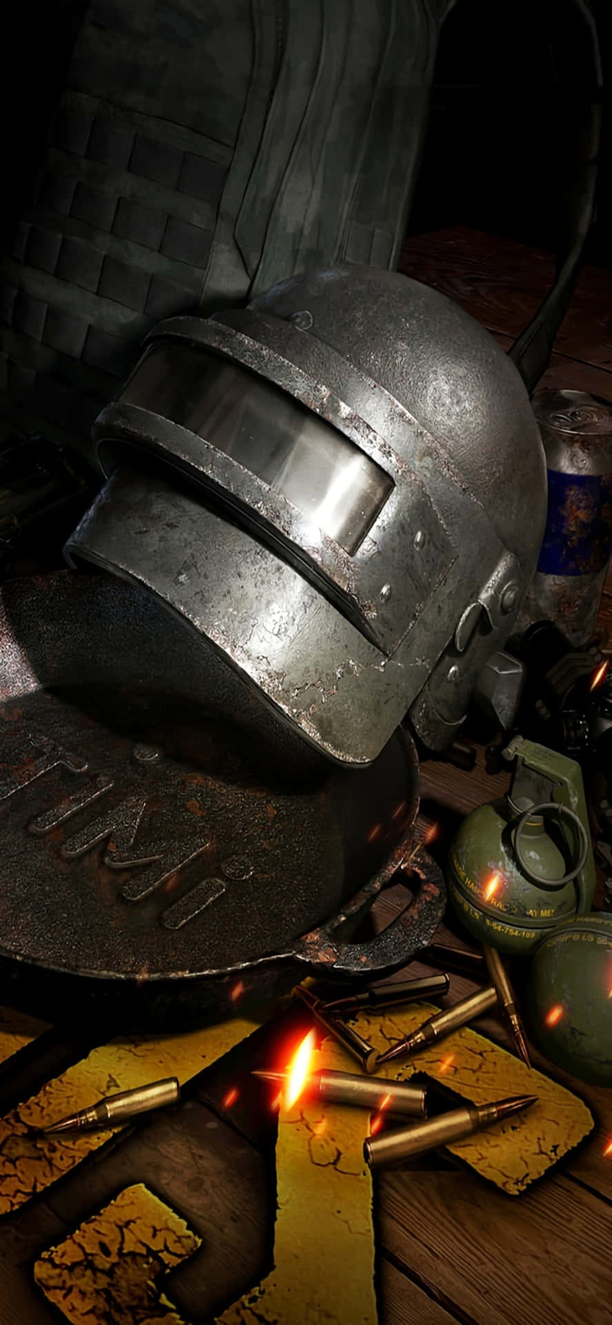 a helmet, a gun and a grenade