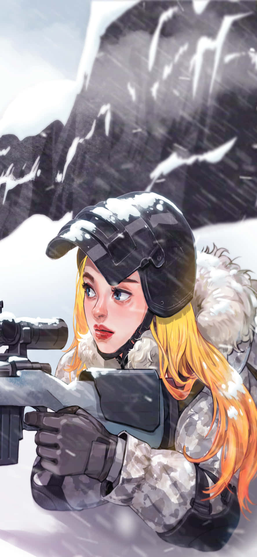 a girl with a rifle in the snow