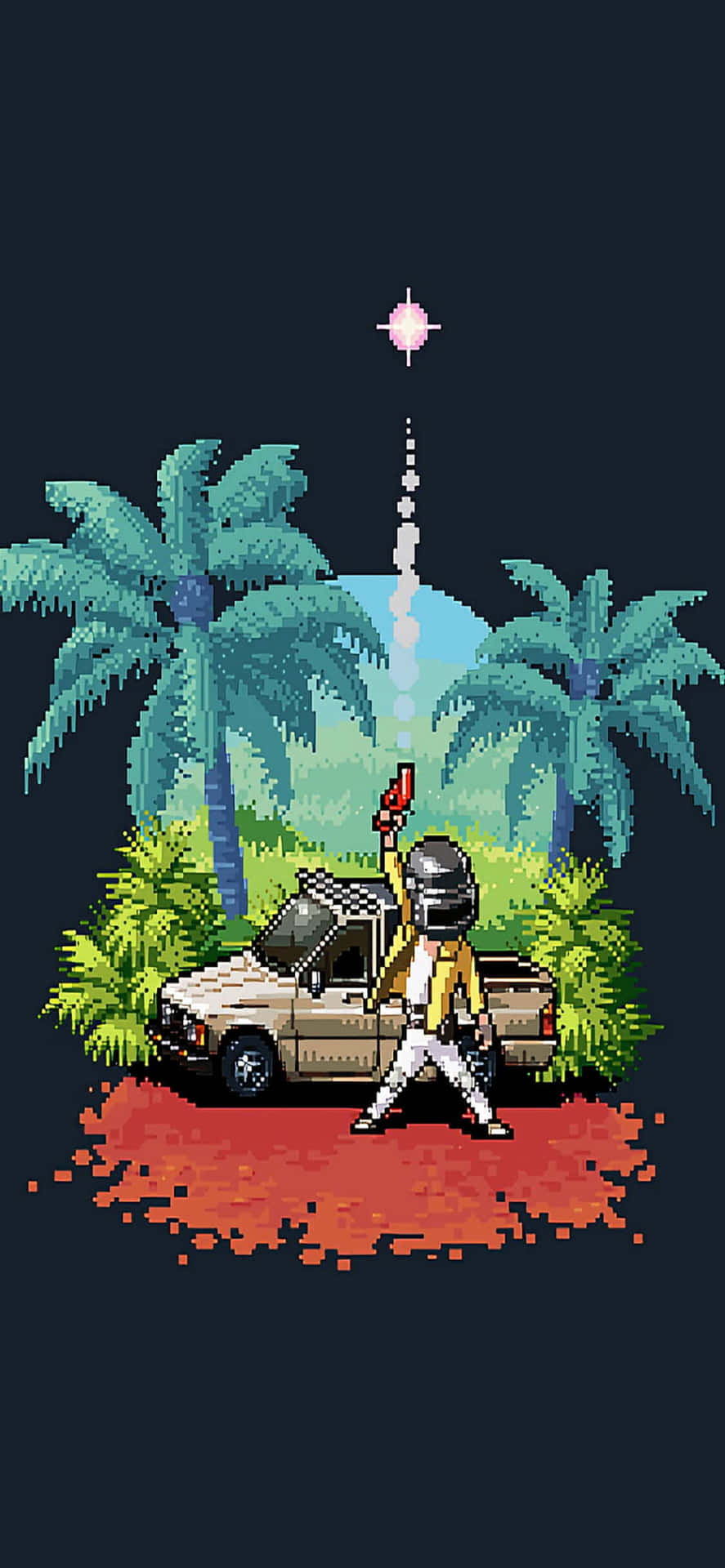 a pixelated image of a man standing in front of a car
