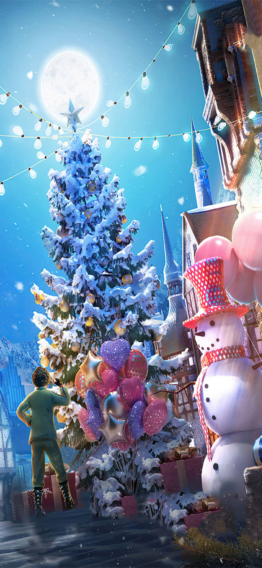 a christmas scene with a snowman and a christmas tree