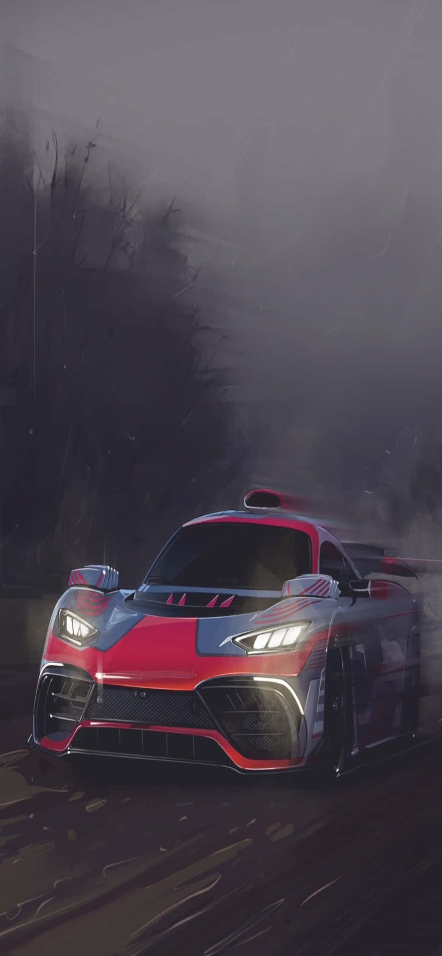 a racing car driving through a fog