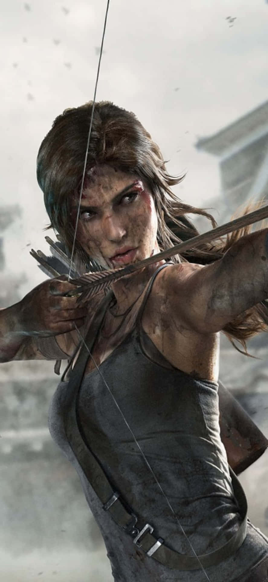 the tomb raider is aiming her bow at a city