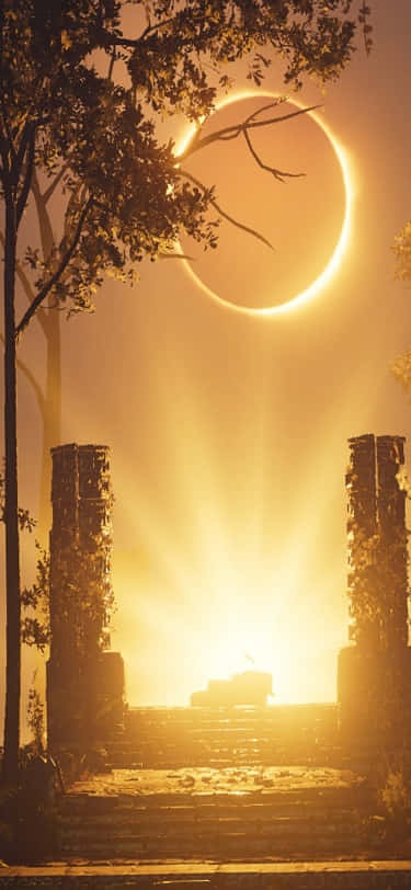 a sun eclipse is seen over a stone archway