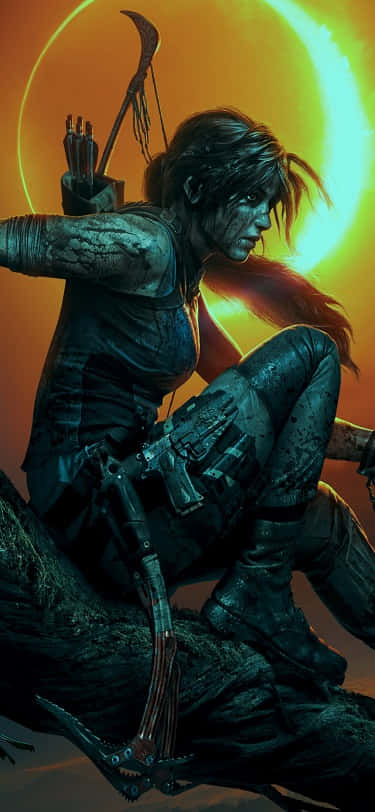 Laprotagonista De Tomb Raider Está Sentada En Una Rama Con Un Arco Y Flechas.
