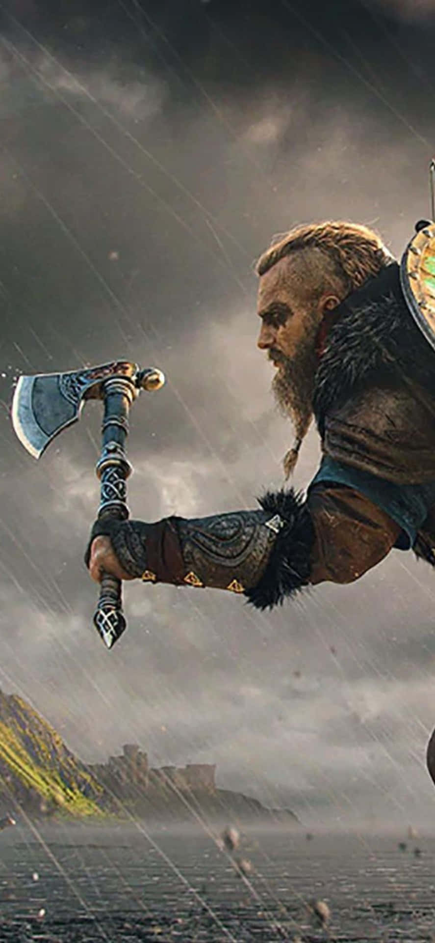 Fondode Pantalla De Iphone Xs De Assassin's Creed Valhalla Con Un Guerrero Vikingo Bajo La Lluvia.