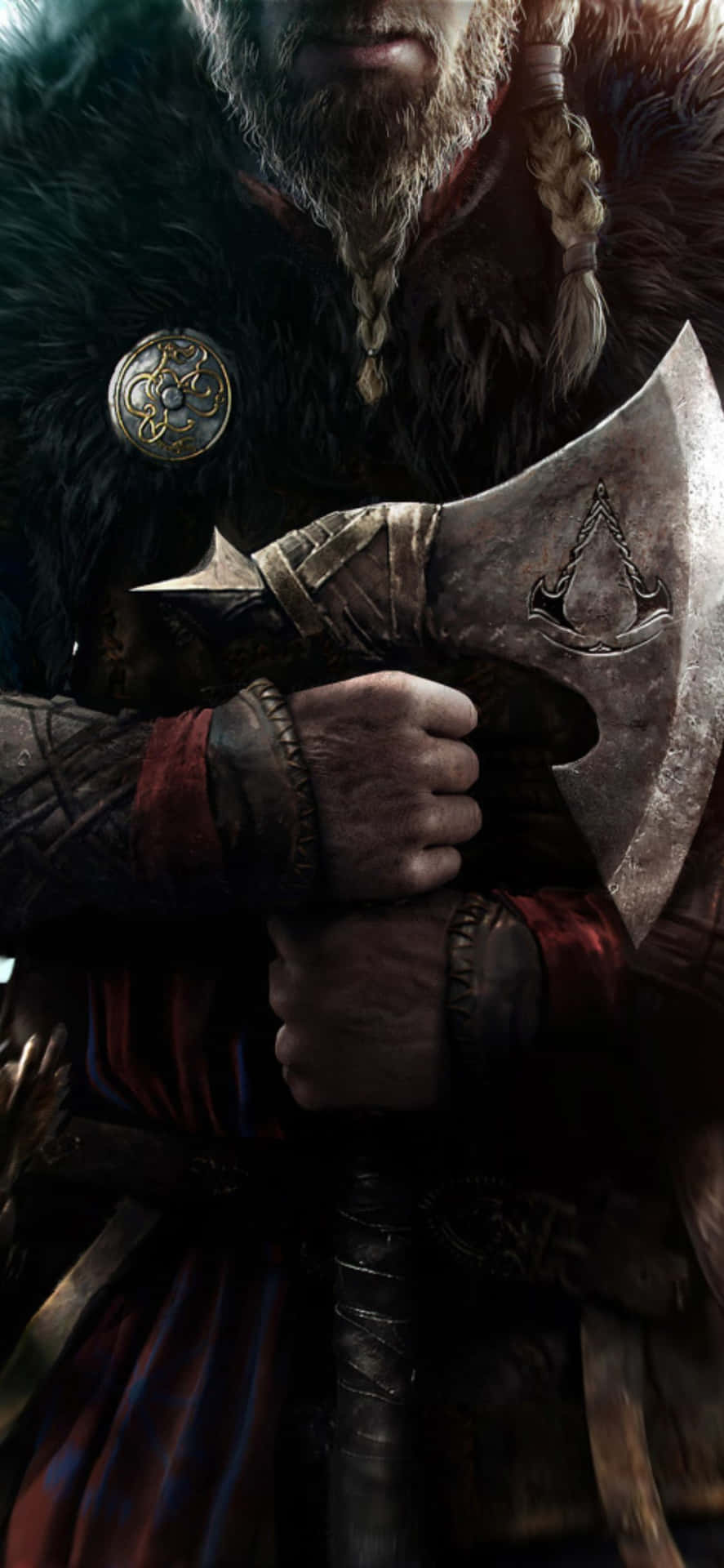 Fondode Pantalla De Assassin's Creed Valhalla Para Iphone Xs Mostrando A Un Guerrero Vikingo Sosteniendo Un Hacha.