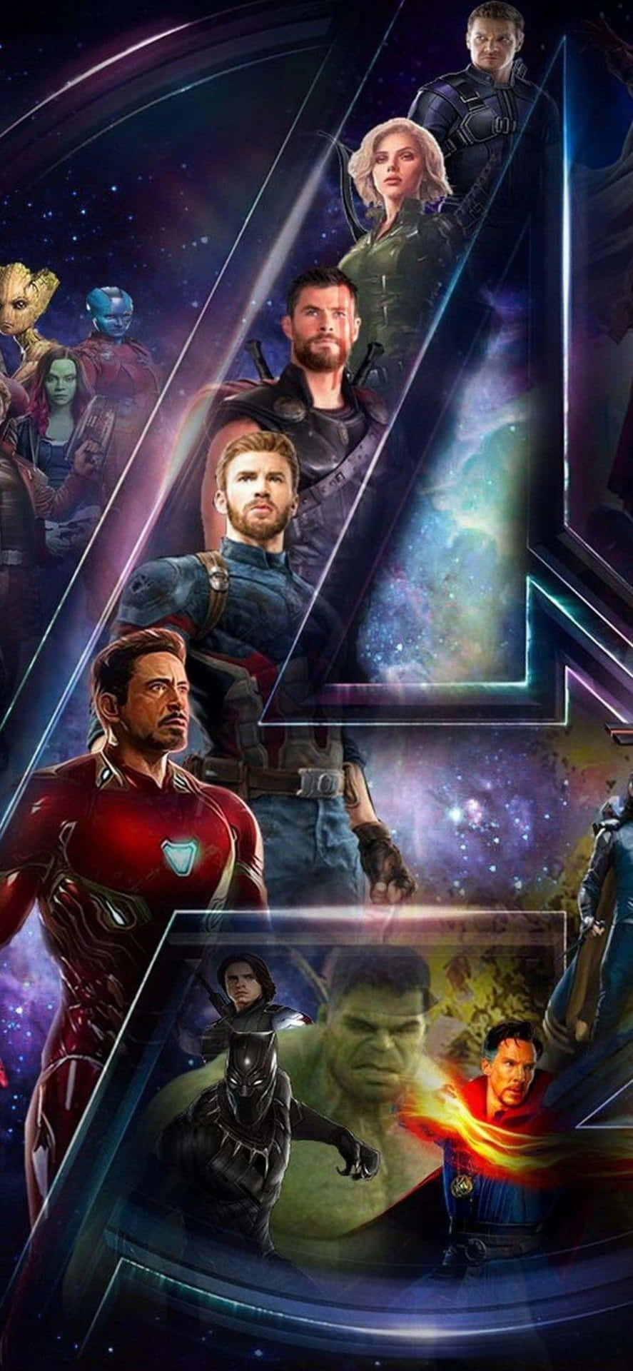 Iphonexs Bakgrundsbild Med Avengers-logotypen Och Marvel-hjältarna.