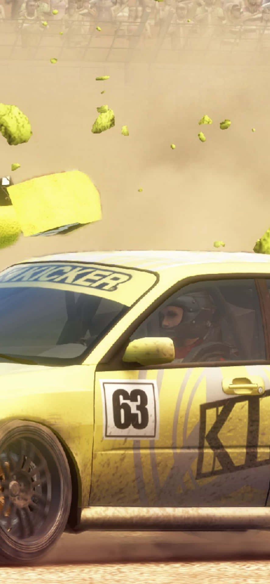 A Yellow Car Is Flying Through The Air