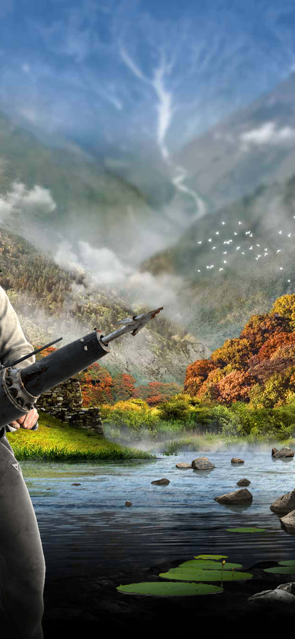 En mand med et gevær står foran en sø