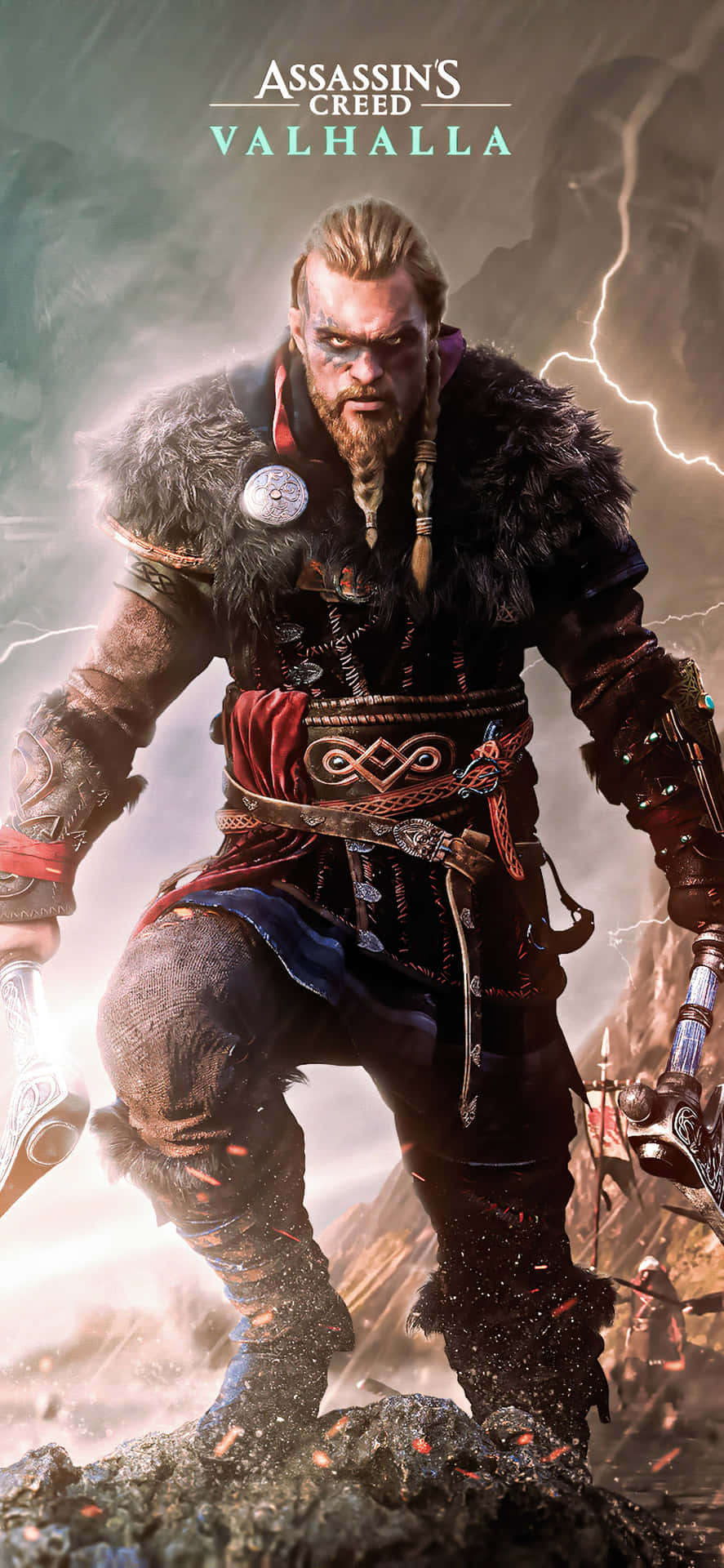 Baggrunden til Iphone Xs Max Assassin's Creed Valhalla viser et frontalt billede af Seerne - de krigeriske vikinger, der kæmper for deres stolthed og ære.