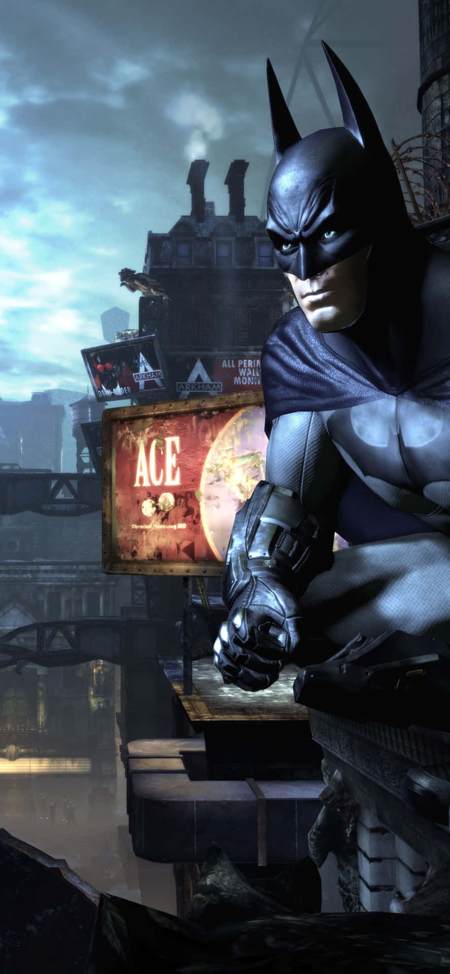 The Batman Arkham City logo brightly displayed on an iPhone Xs Max