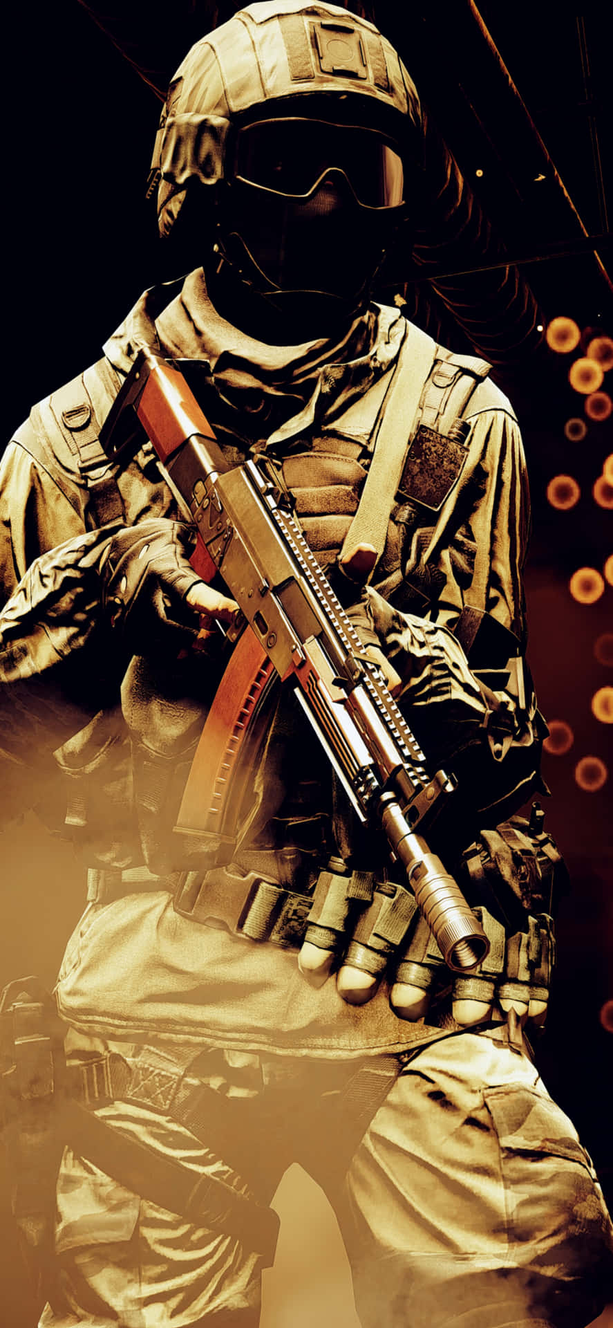 A Soldier Holding A Gun In Front Of A Dark Background