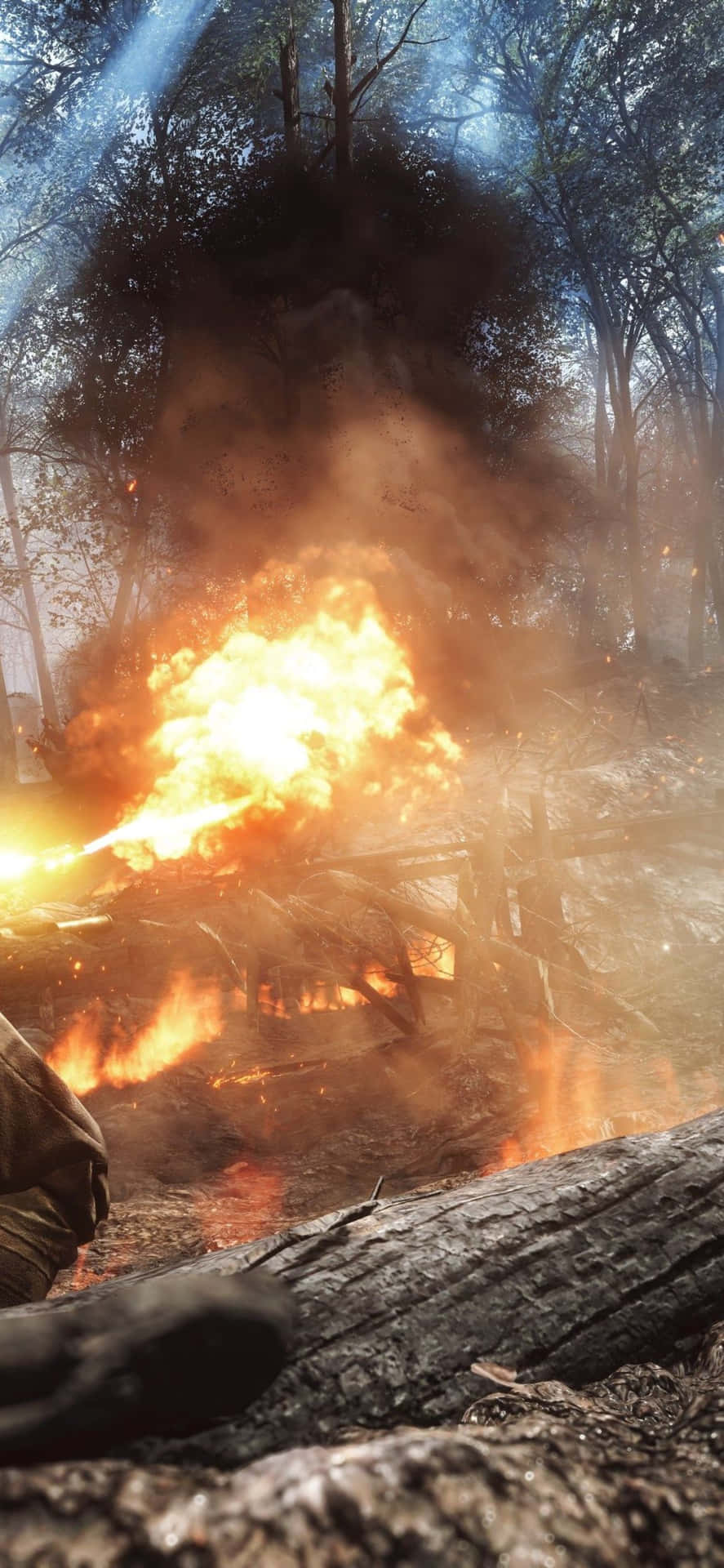 A Soldier Is Standing In The Woods With A Fire
