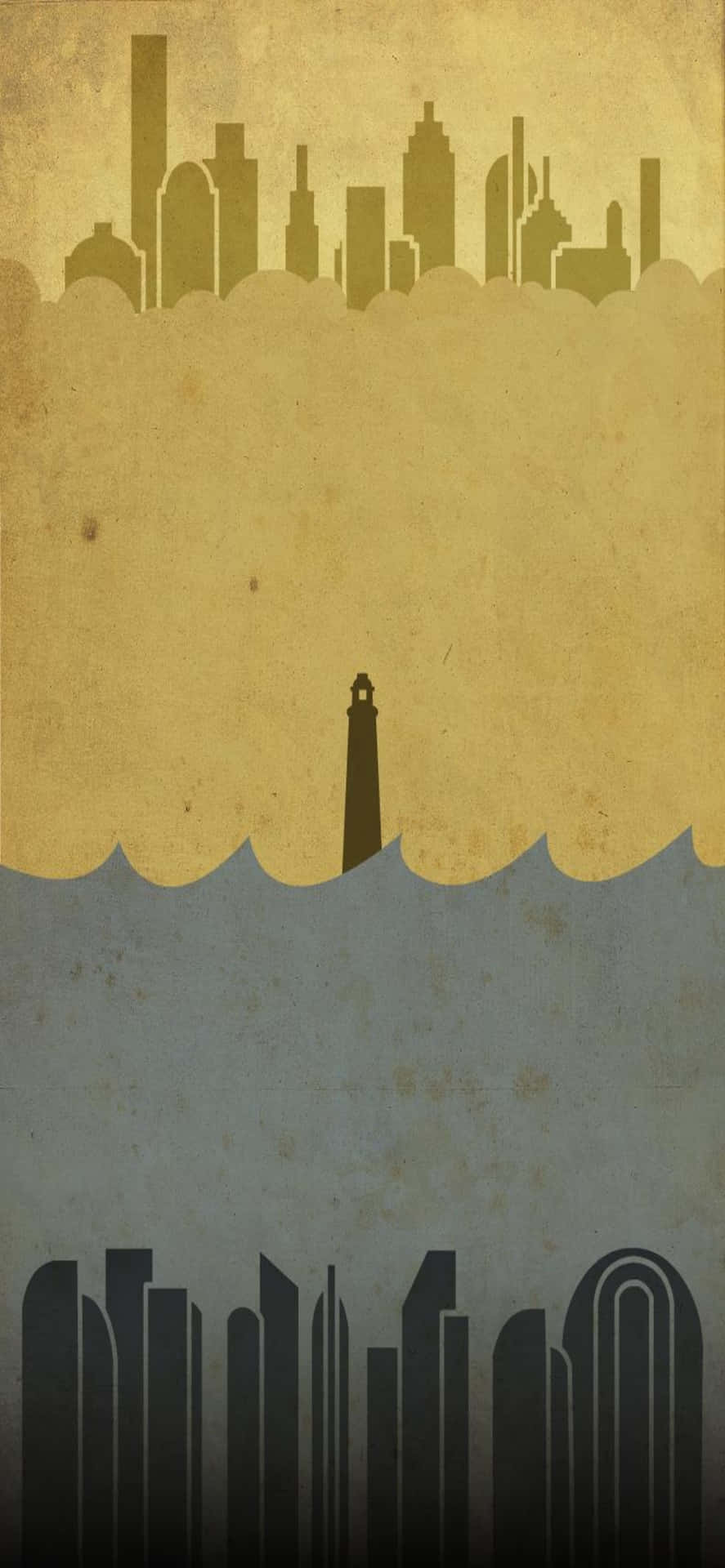 A Poster With A City And A Lighthouse Wallpaper