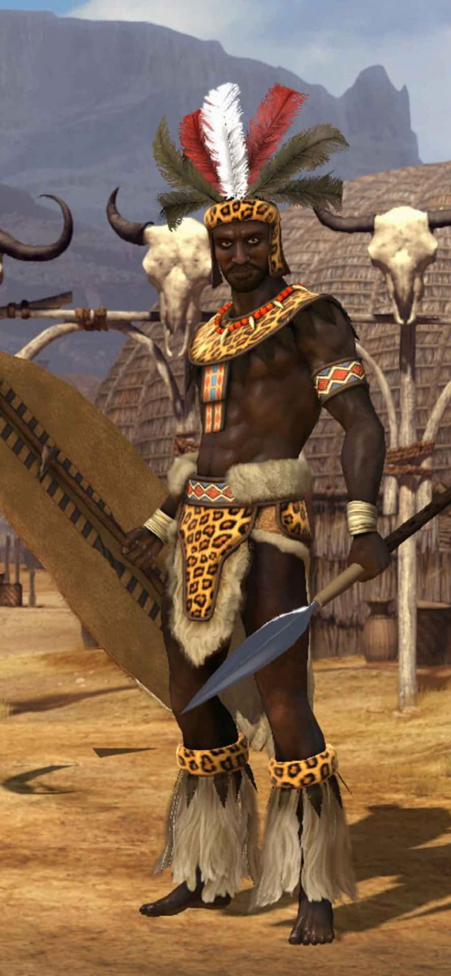 A Man In A Traditional Outfit With A Spear And A Sword