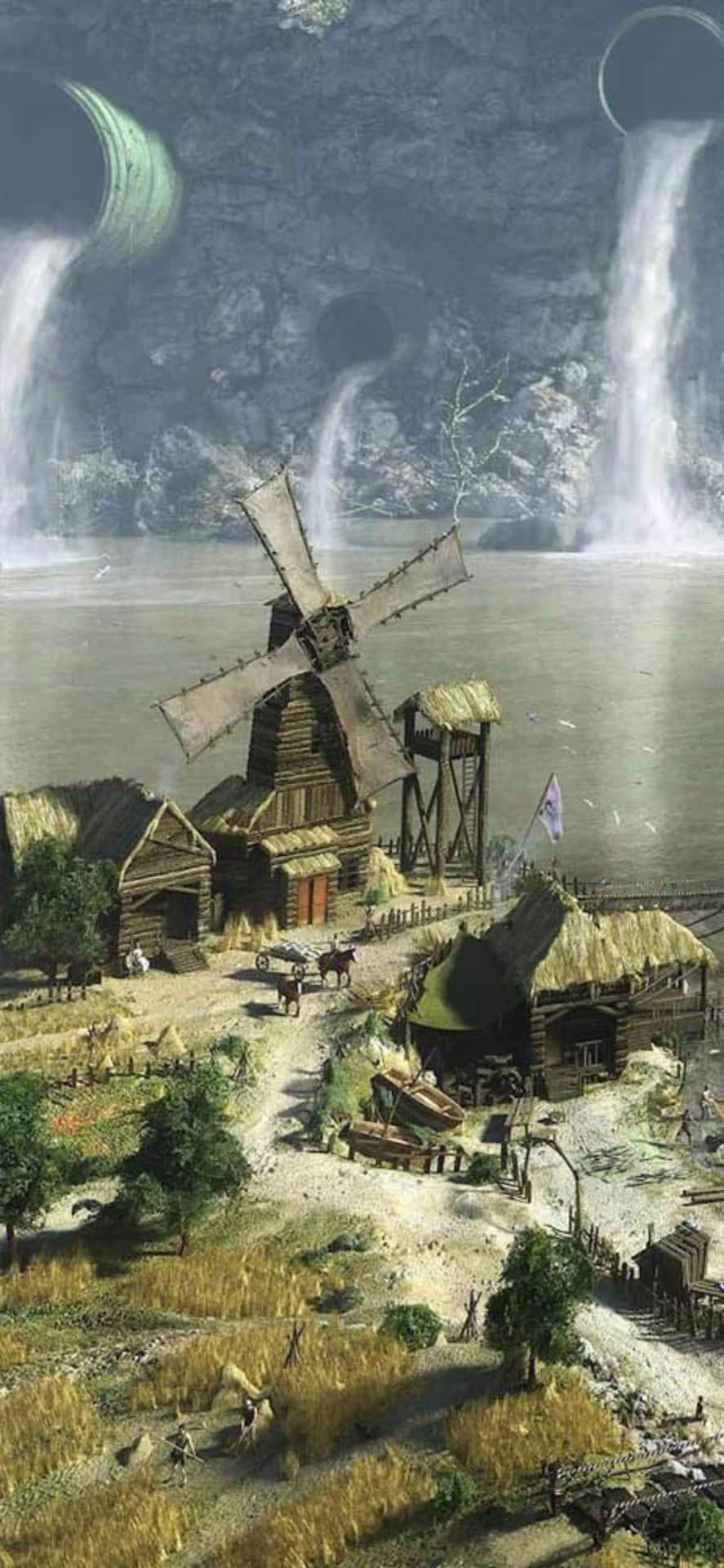 A Painting Of A Windmill And A Water Fall