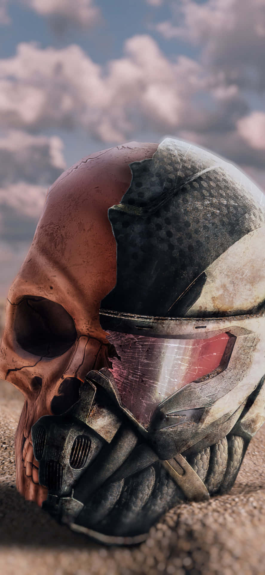 A Skull With A Helmet On It In The Desert