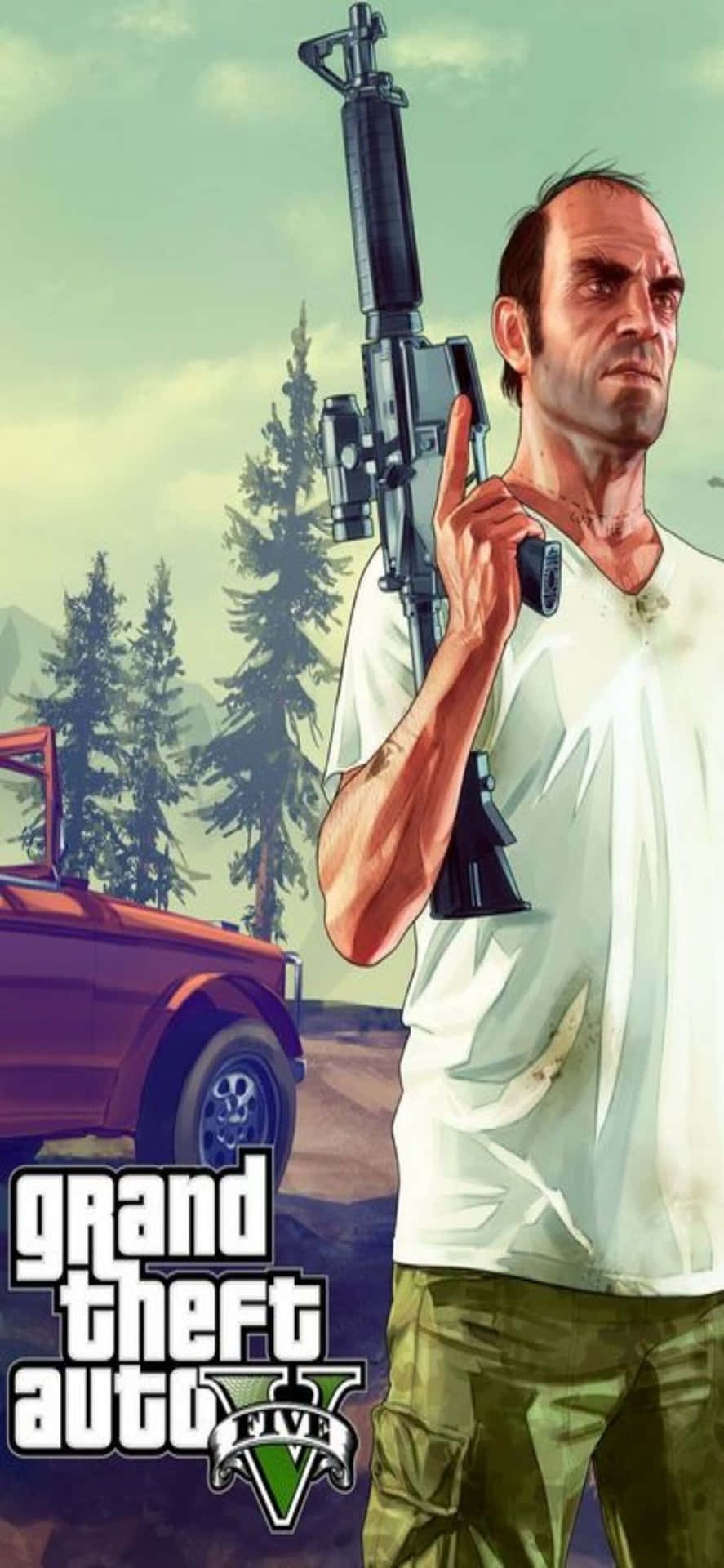 Iphonexs Max Bakgrundsbild Från Grand Theft Auto V Med Trevor Och Gevär.
