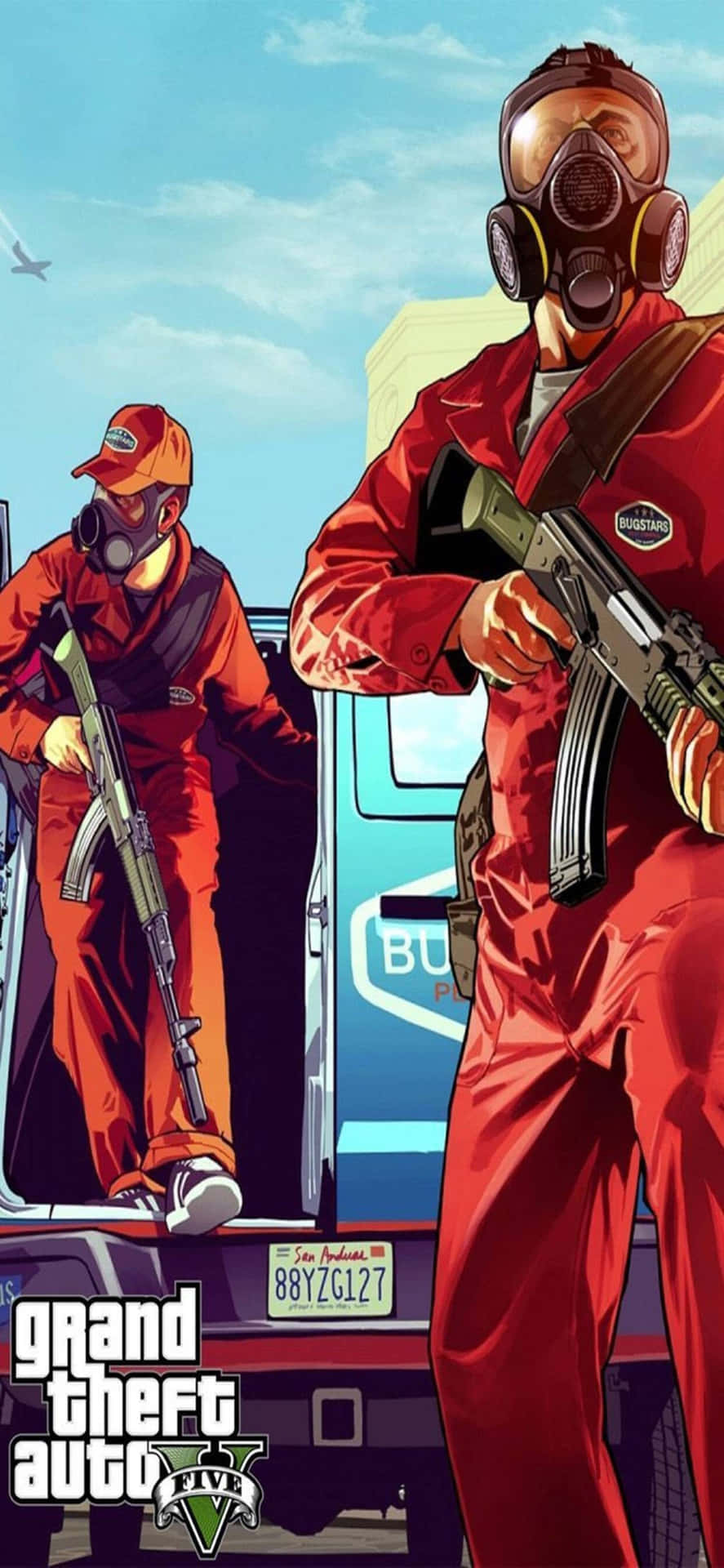 Iphonexs Max Bakgrundsbild Med Grand Theft Auto V Rånare I Röda Kostymer.