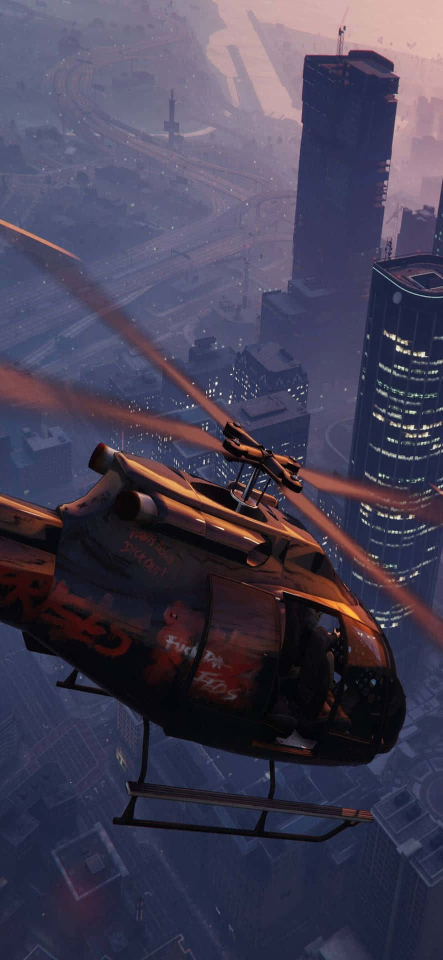 Iphonexs Max Bakgrund Från Spelet Grand Theft Auto V Med En Helikopter Som Flyger Runt.
