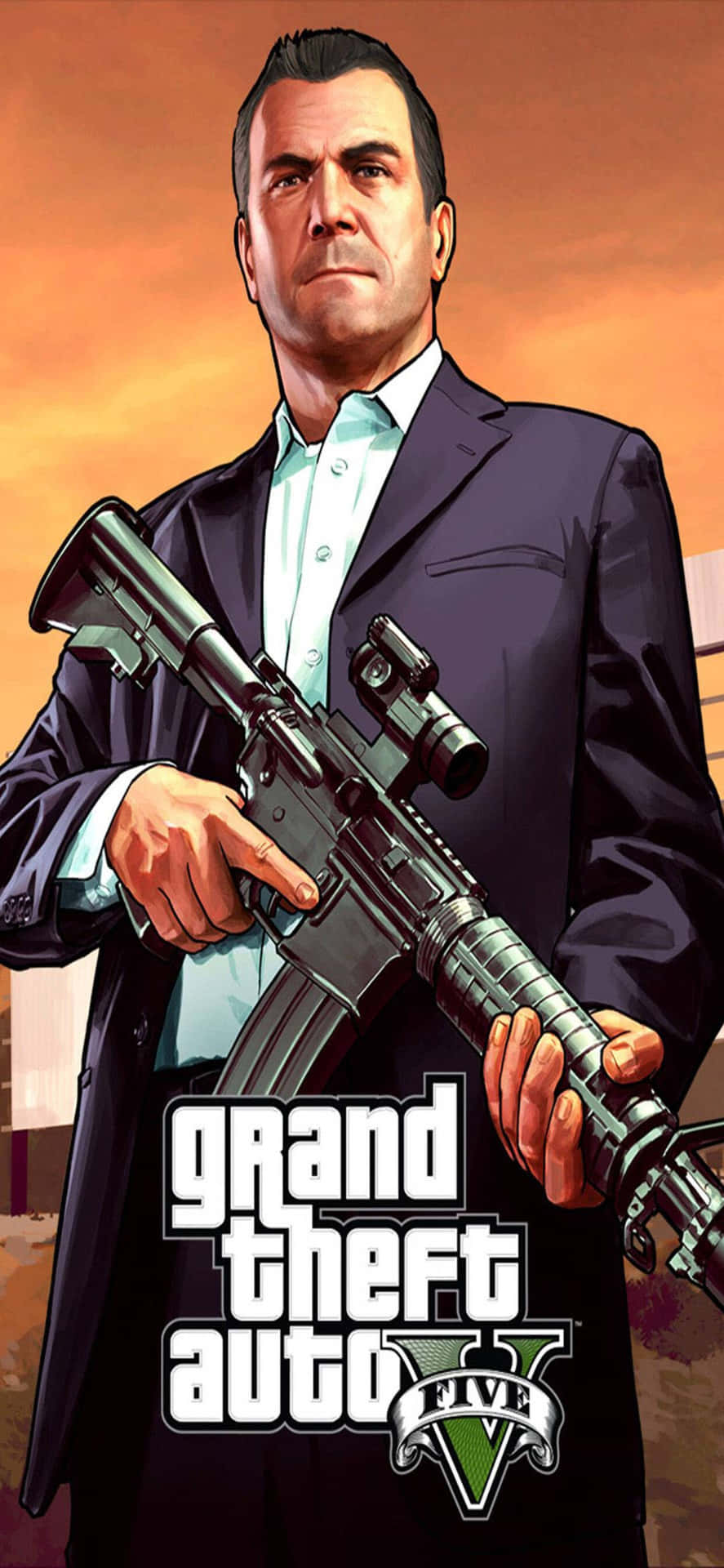 Iphonexs Max Bakgrundsbild Med Grand Theft Auto V, Michael Med Ett Automatgevär.