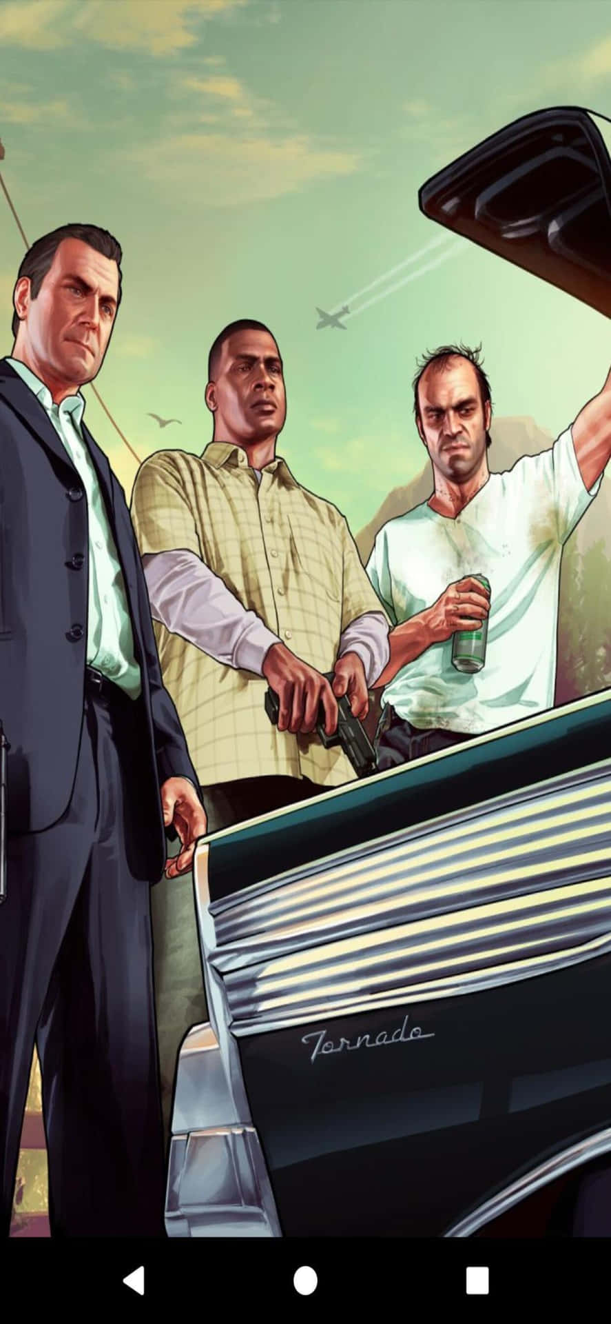 Iphonexs Max Bakgrundsbild Med Grand Theft Auto V Med Michael, Franklin Och Trevor I Bilen.