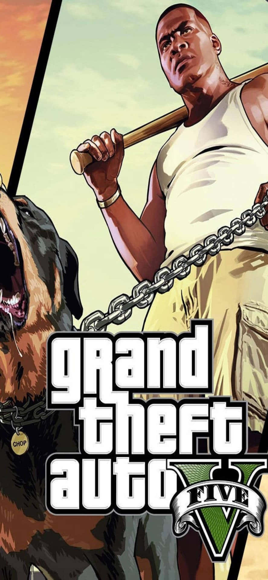 Iphonexs Max Bakgrundsbild Med Grand Theft Auto V Motiv, Featuring Franklin Och Chop-poster.