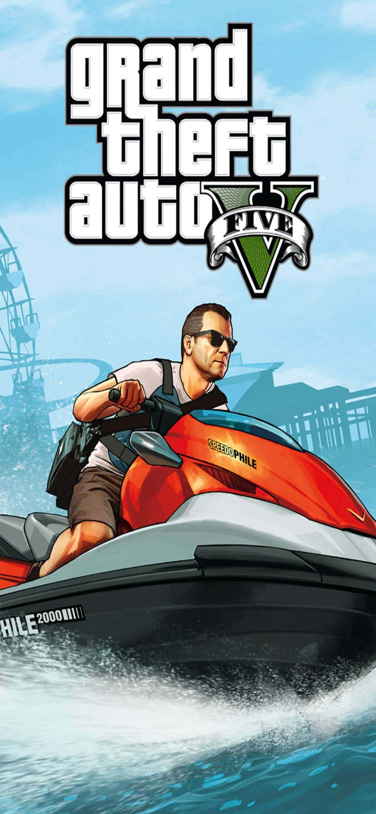 Fondode Pantalla De Grand Theft Auto V En Iphone Xs Max Con Michael En Una Moto Acuática.