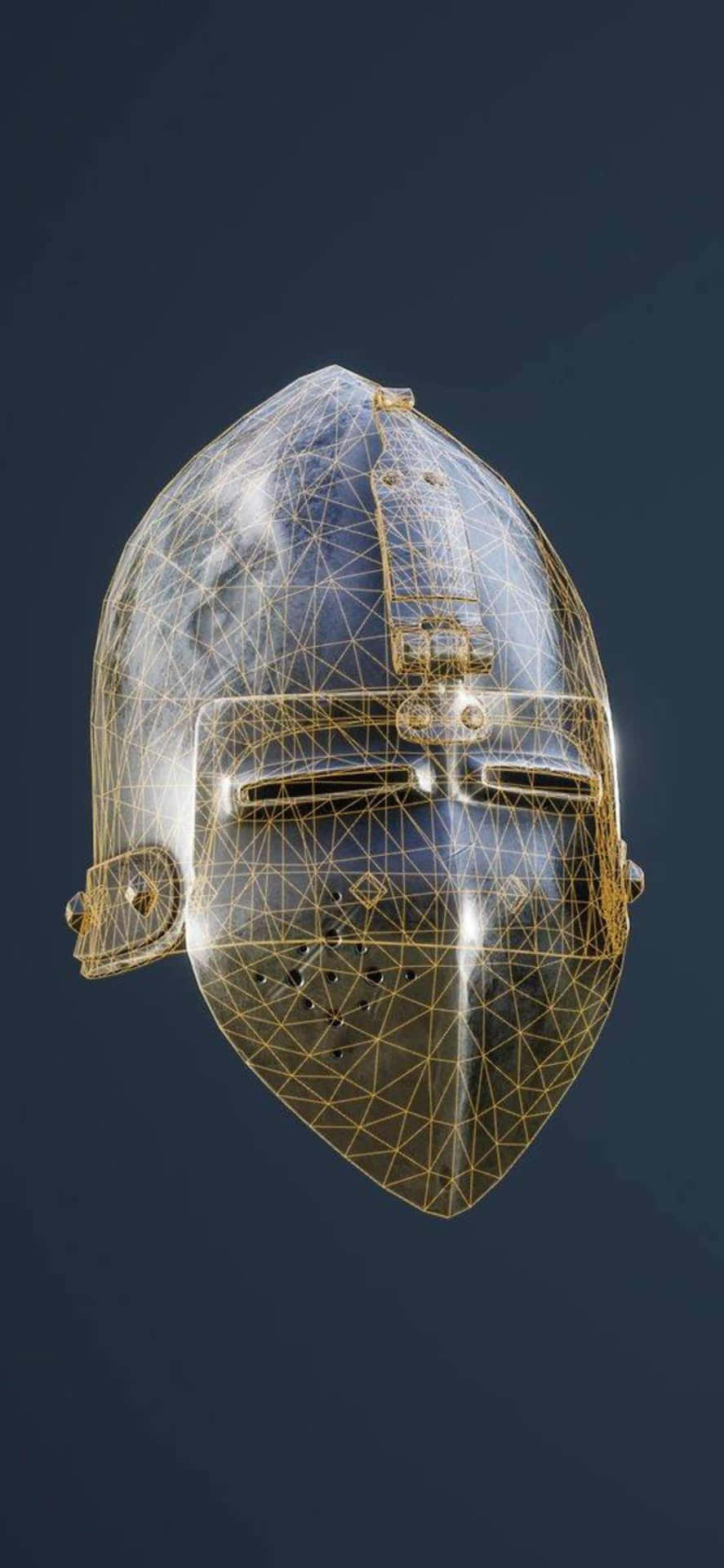 A Gold Helmet With A Wire Mesh On It