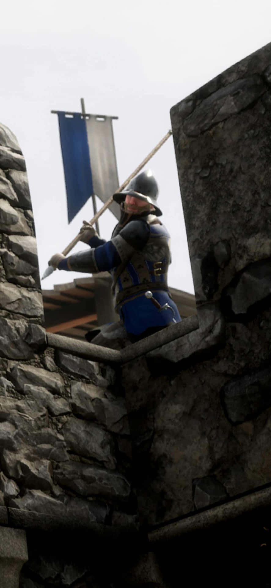 A Knight Is Standing On Top Of A Stone Wall