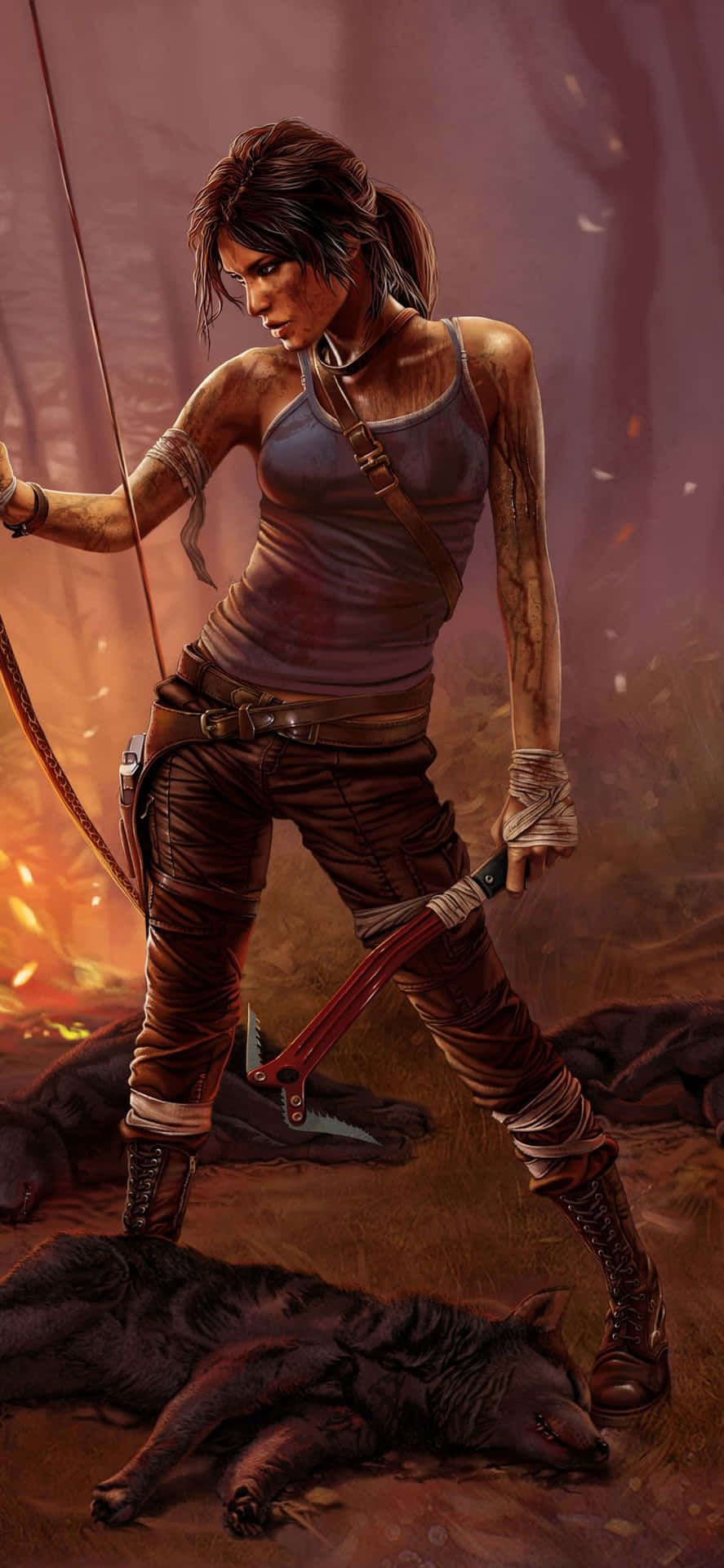 A Woman With A Bow And Arrow In Front Of A Fire