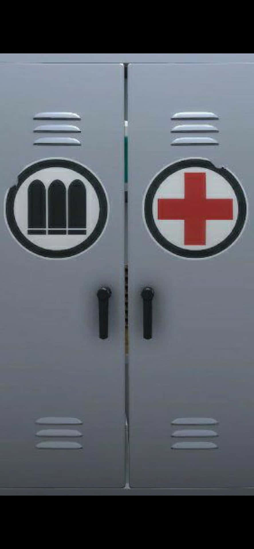 a locker with two red and white signs on it