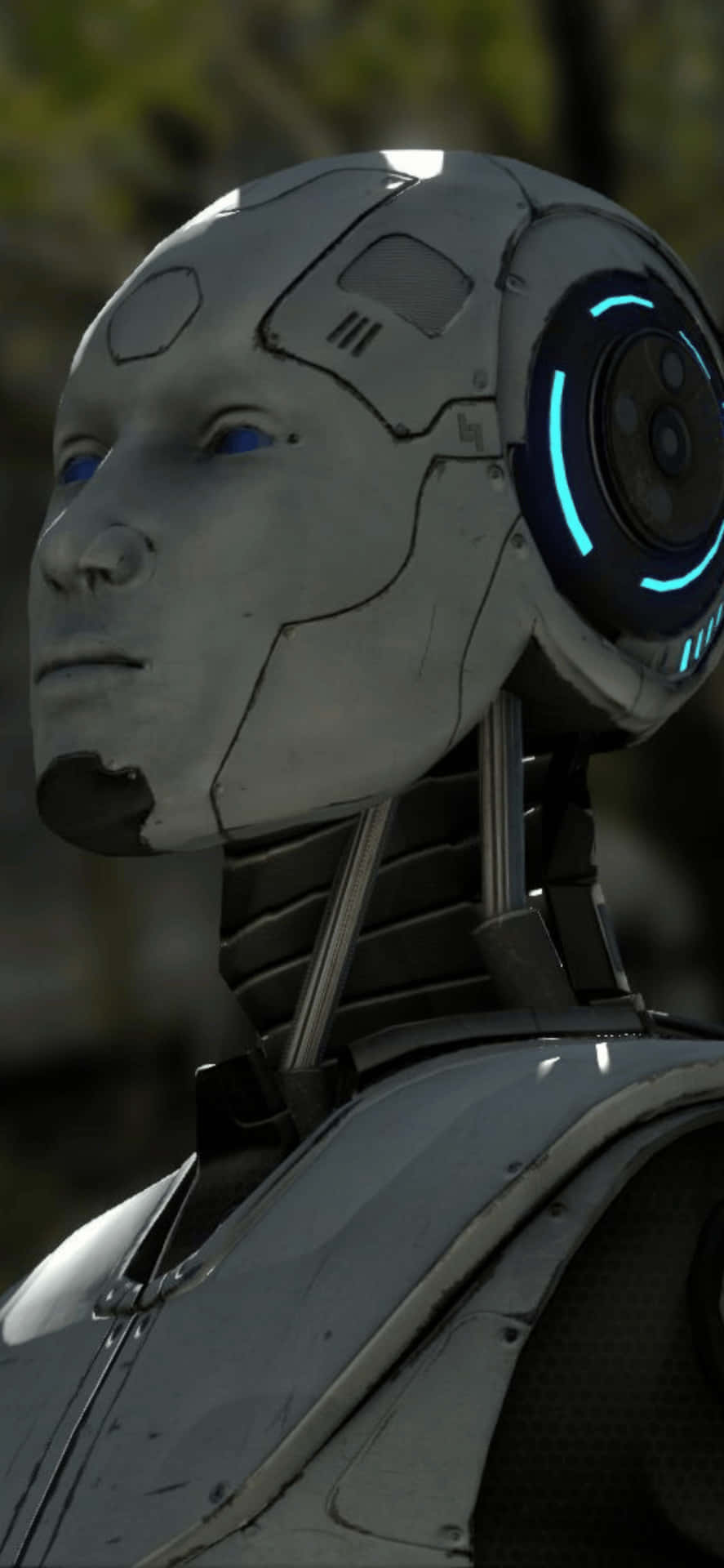 a robot with blue eyes and a blue ring on his head