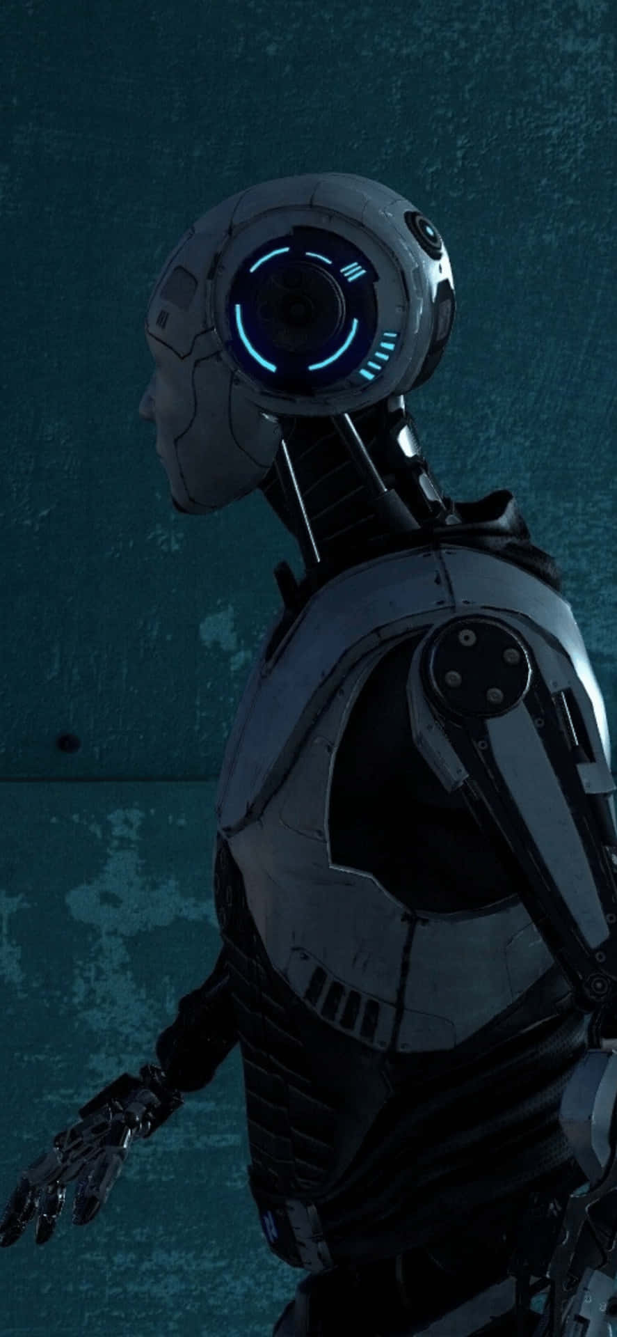 a robot with blue eyes is standing in front of a blue wall