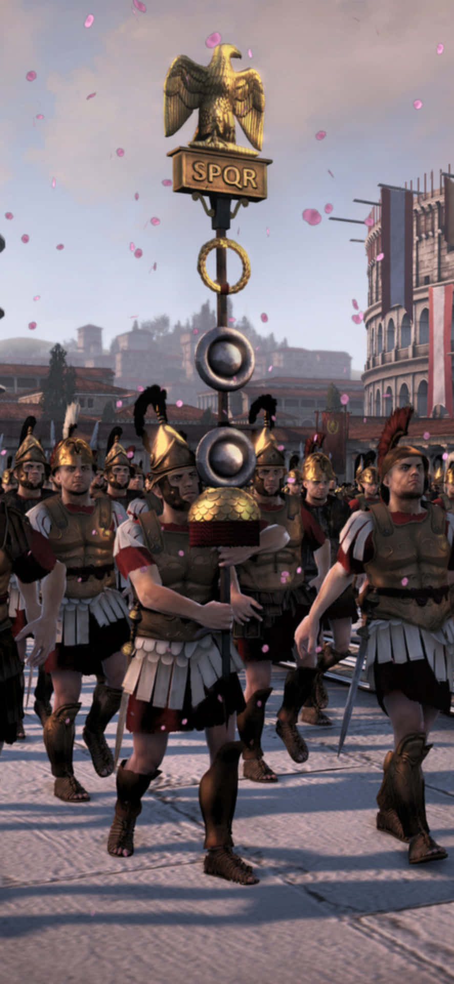 A Group Of People In Roman Costumes Are Walking Down The Street