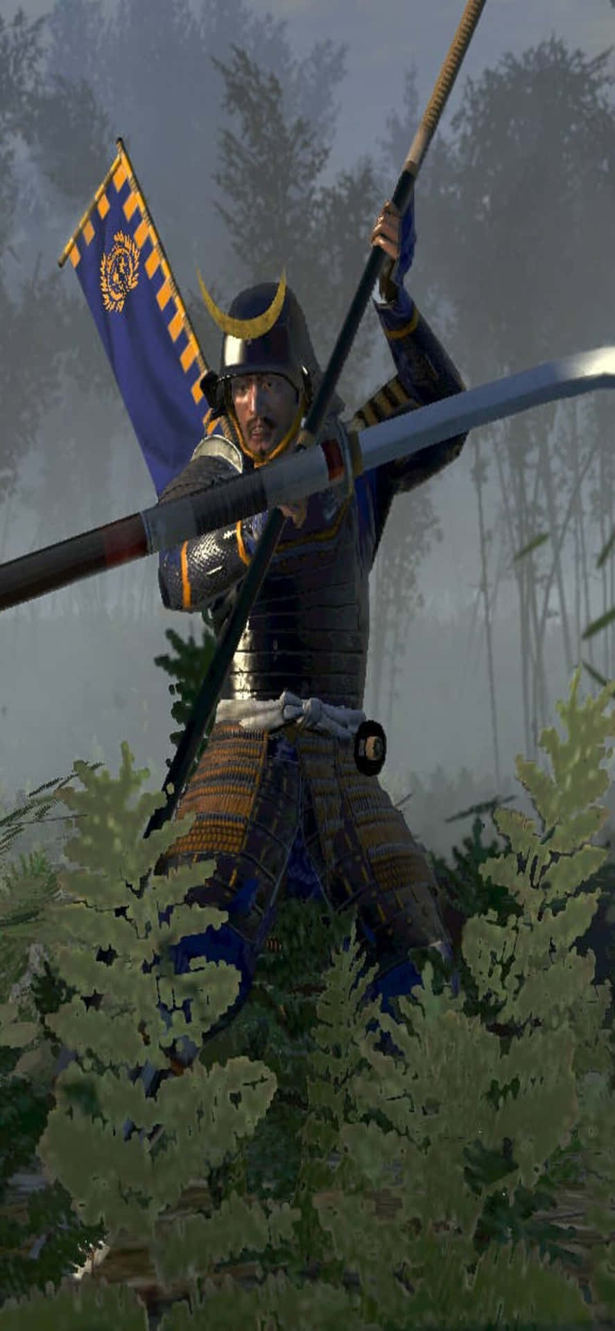 A Samurai Is Holding A Sword In The Forest