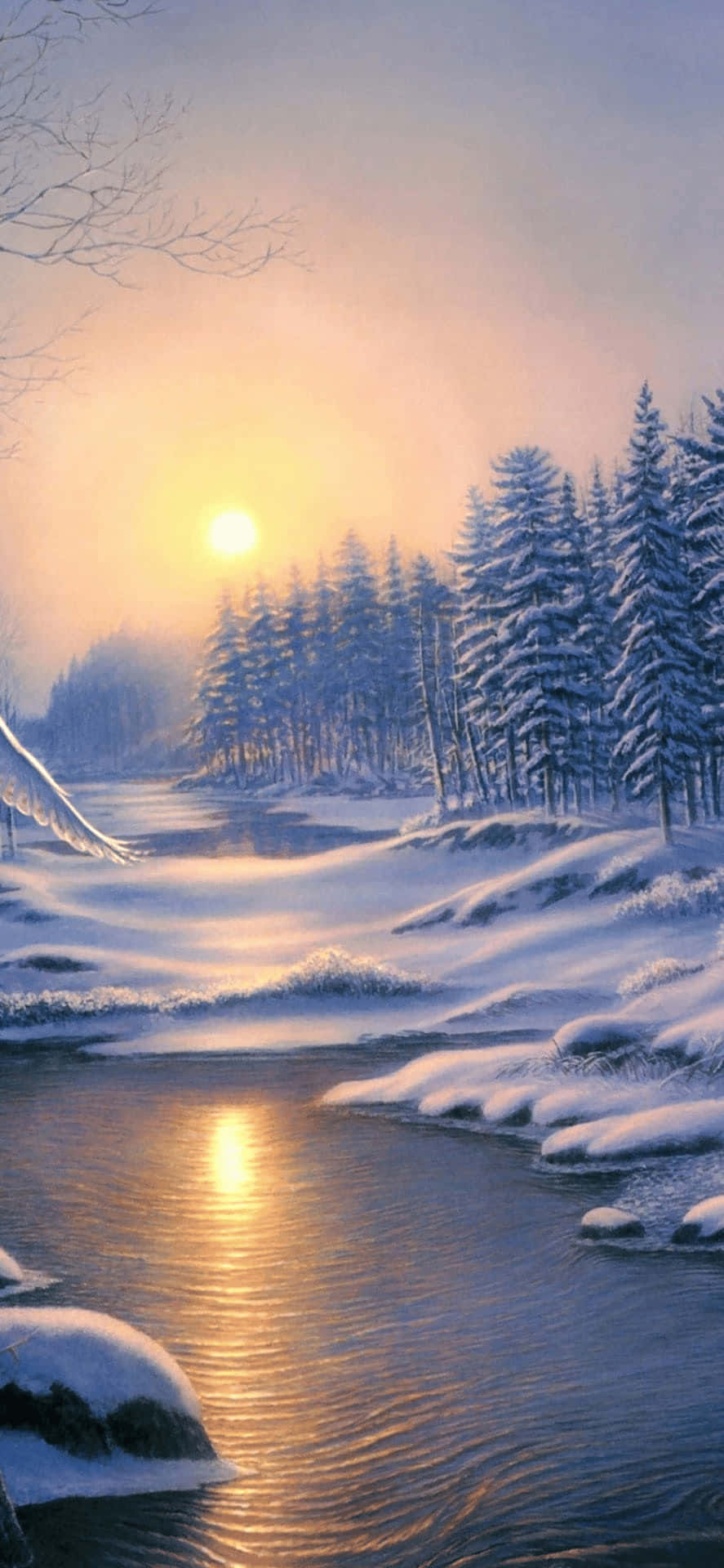 Realistic River Painting iPhone XS Max Winter Background
