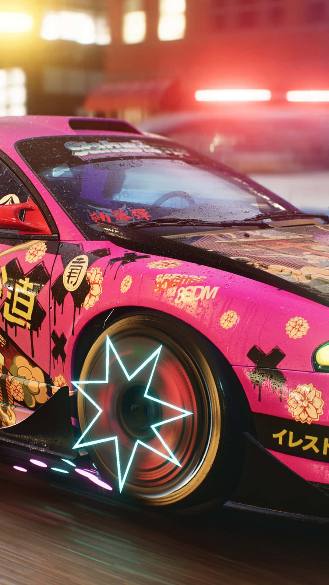 Iphonexs Bakgrundsbild Med Rosa Graffitimålad Sportbil Från Need For Speed Payback.