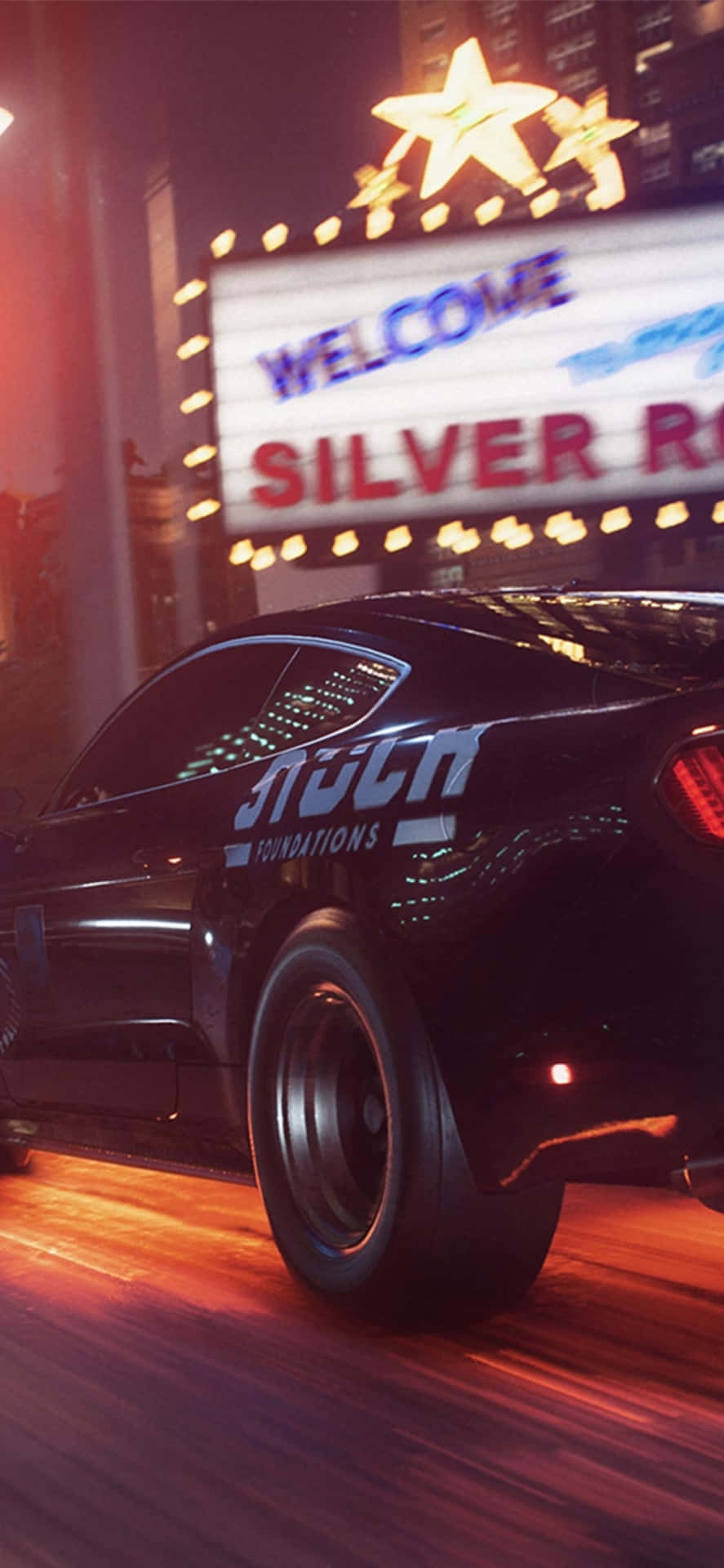Iphonexs Bakgrundsbild Med Need For Speed Payback I En Svart Ford Mustang.