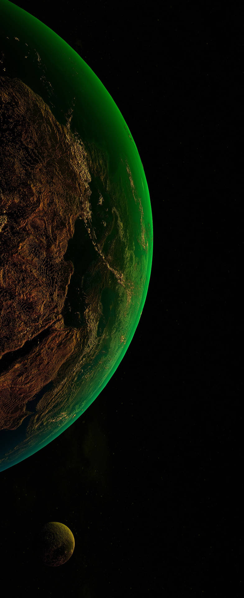 A view of an isolated planet, illuminated by a light reflecting off of an iPhone Xs Wallpaper