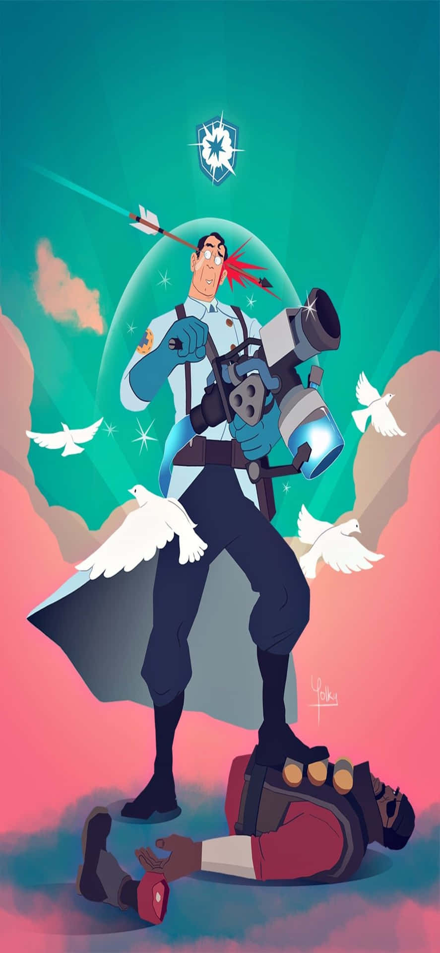 Iphone Xs Tf2 Background Fanart Of The Medic Standing On Top Of Demoman