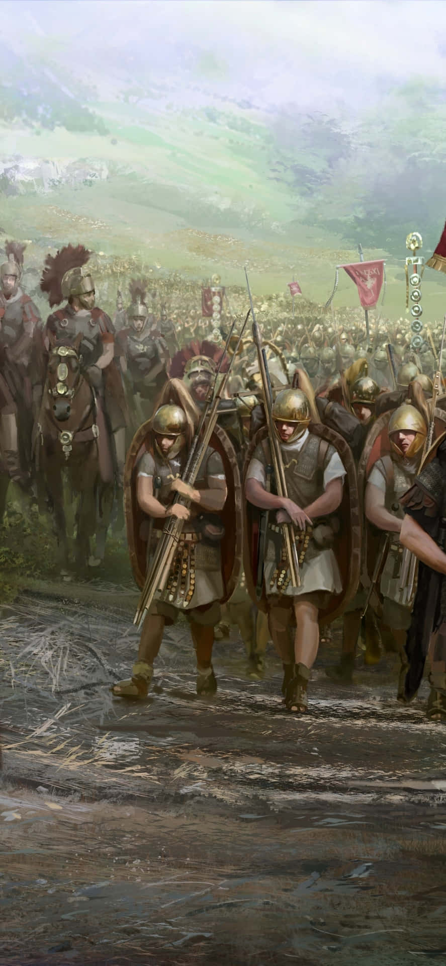 Enmålning Av Romerska Soldater Som Marscherar Genom Ett Fält