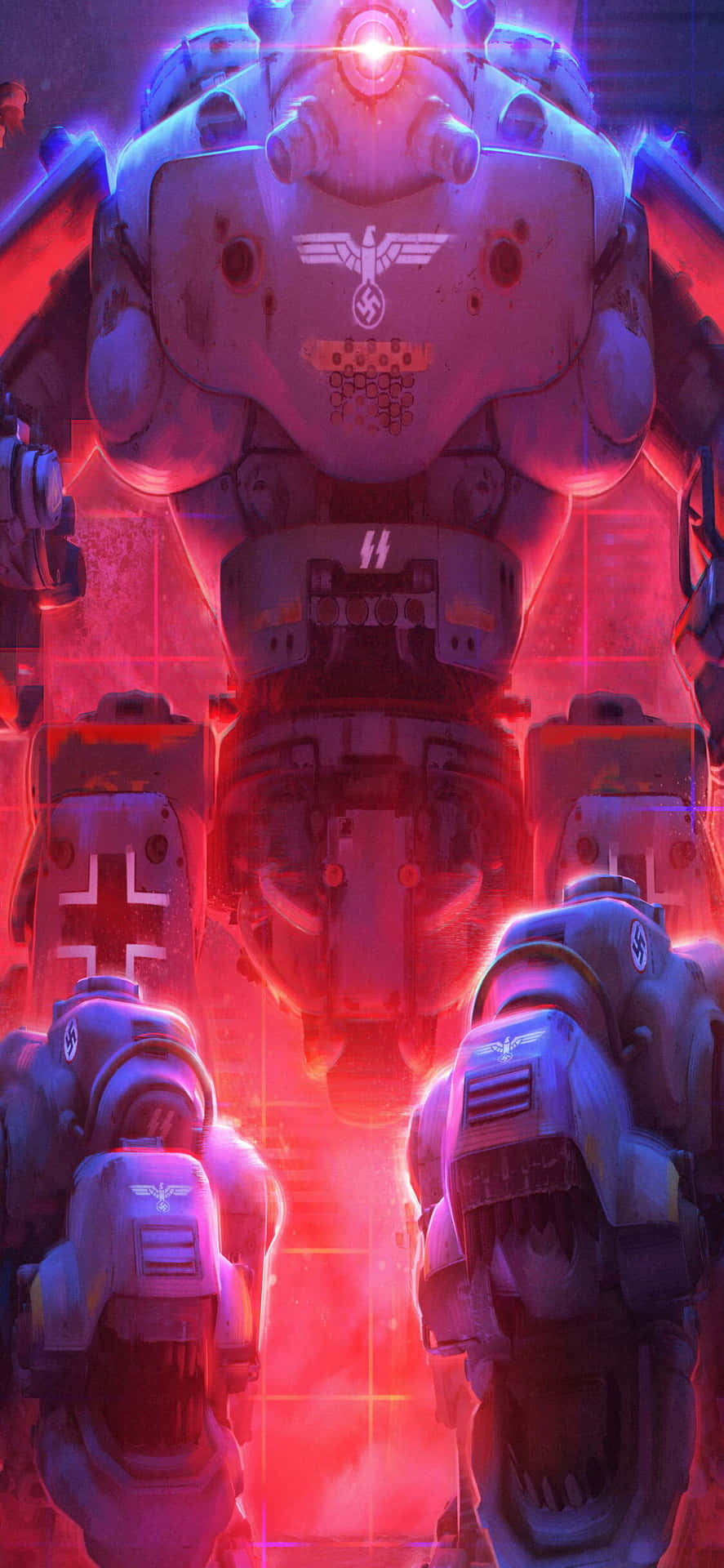 A Group Of Robots In Front Of A Red Light