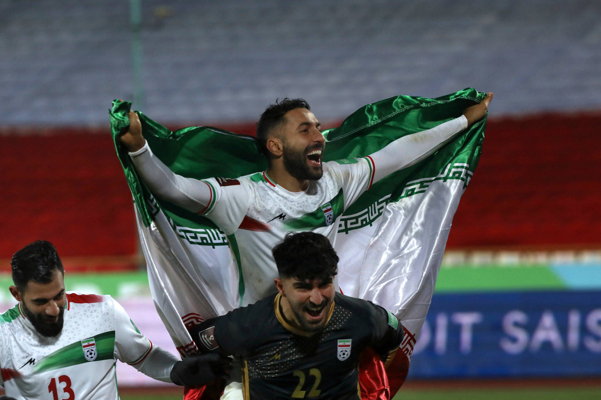 Iran National Football Team Players With Flag Wallpaper