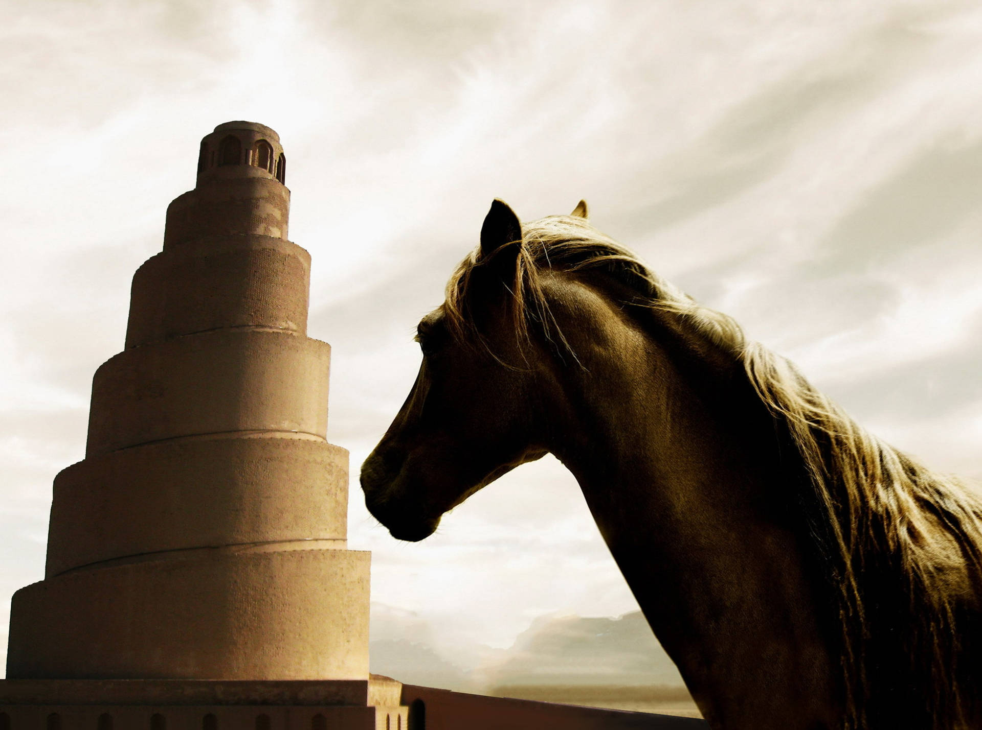 Iraq Samarra Spiral Minaret And Horse