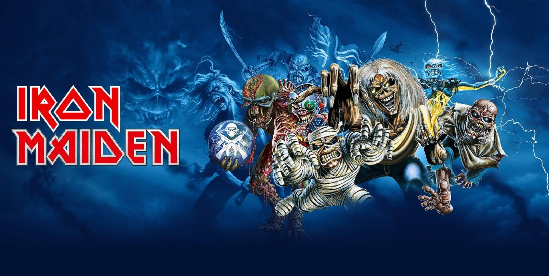 "Iron Maiden's iconic Eddie mascot prowling through a mystical landscape." Wallpaper