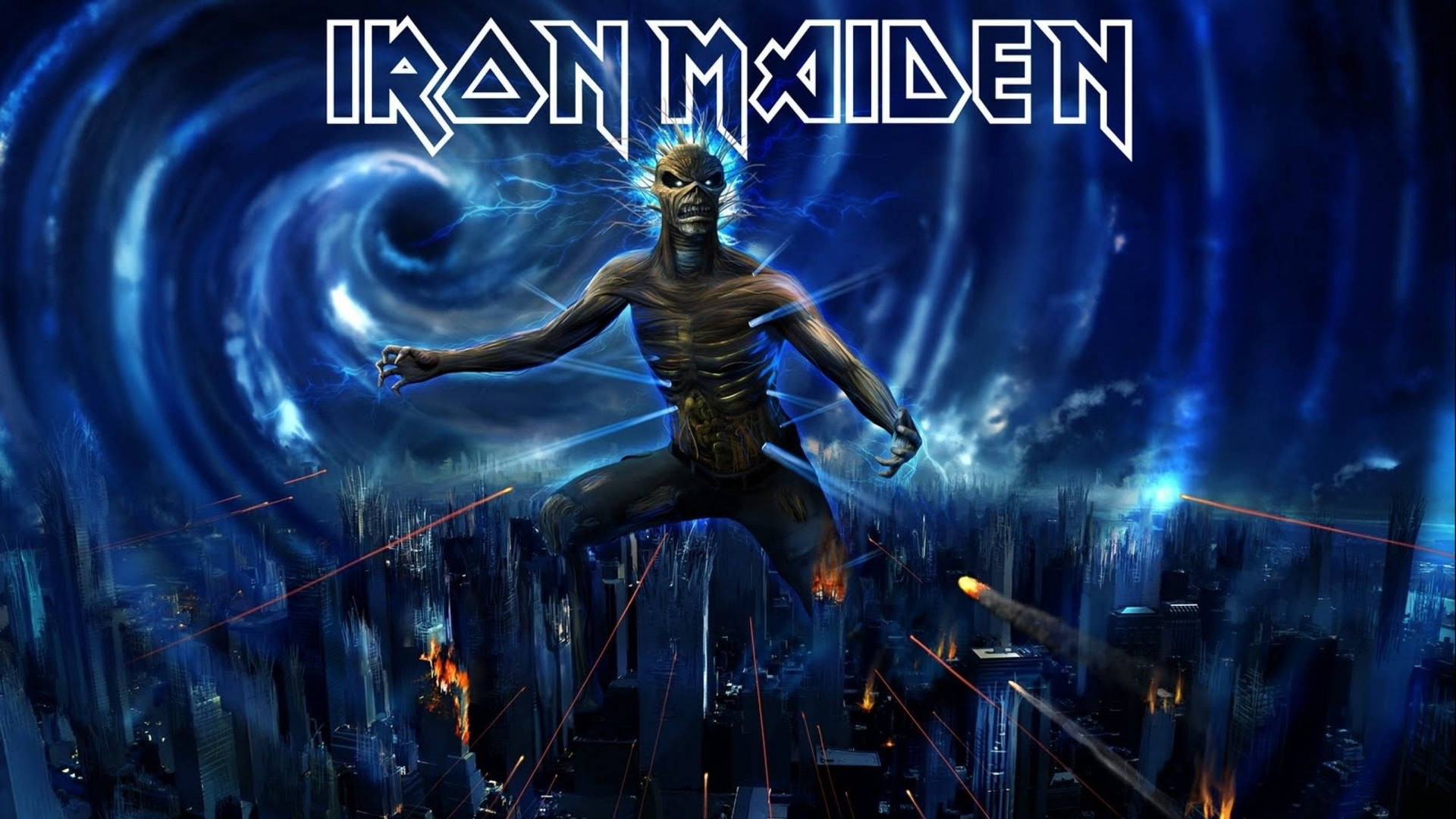 Iron Maiden band mascot Eddie dominates the city skyline. Wallpaper