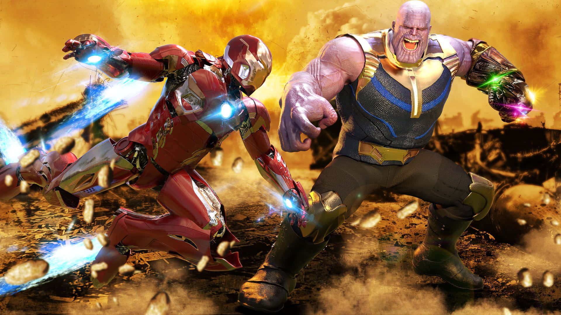 Iron Man and Thanos face off in a battle for the fate of the universe Wallpaper